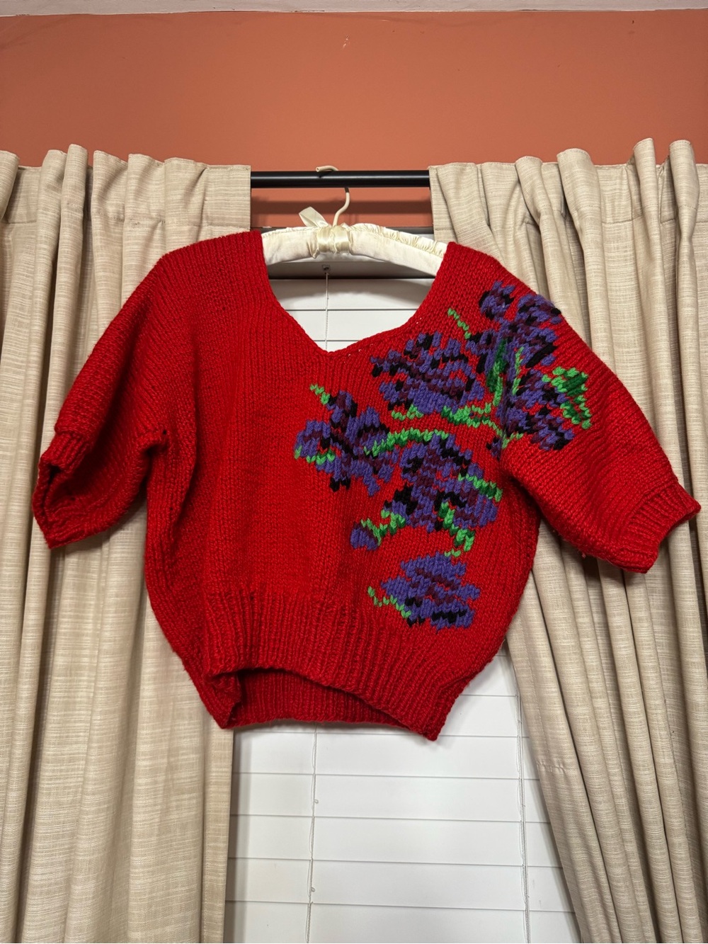 Red Off-the-Shoulder Floral Knit Sweater
